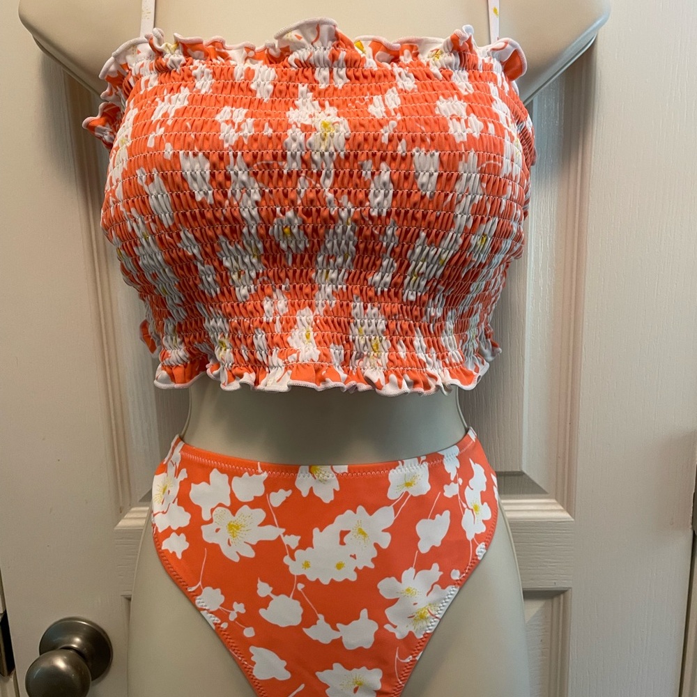 NWT Orange Floral Smocked Bikini Set